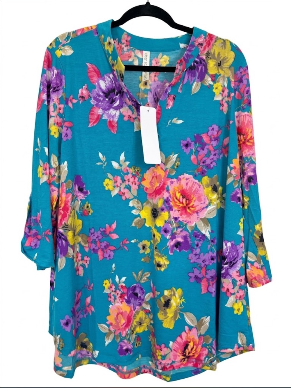 Dear Scarlett Floral Teal V-Neck Tunic Top - Women XL